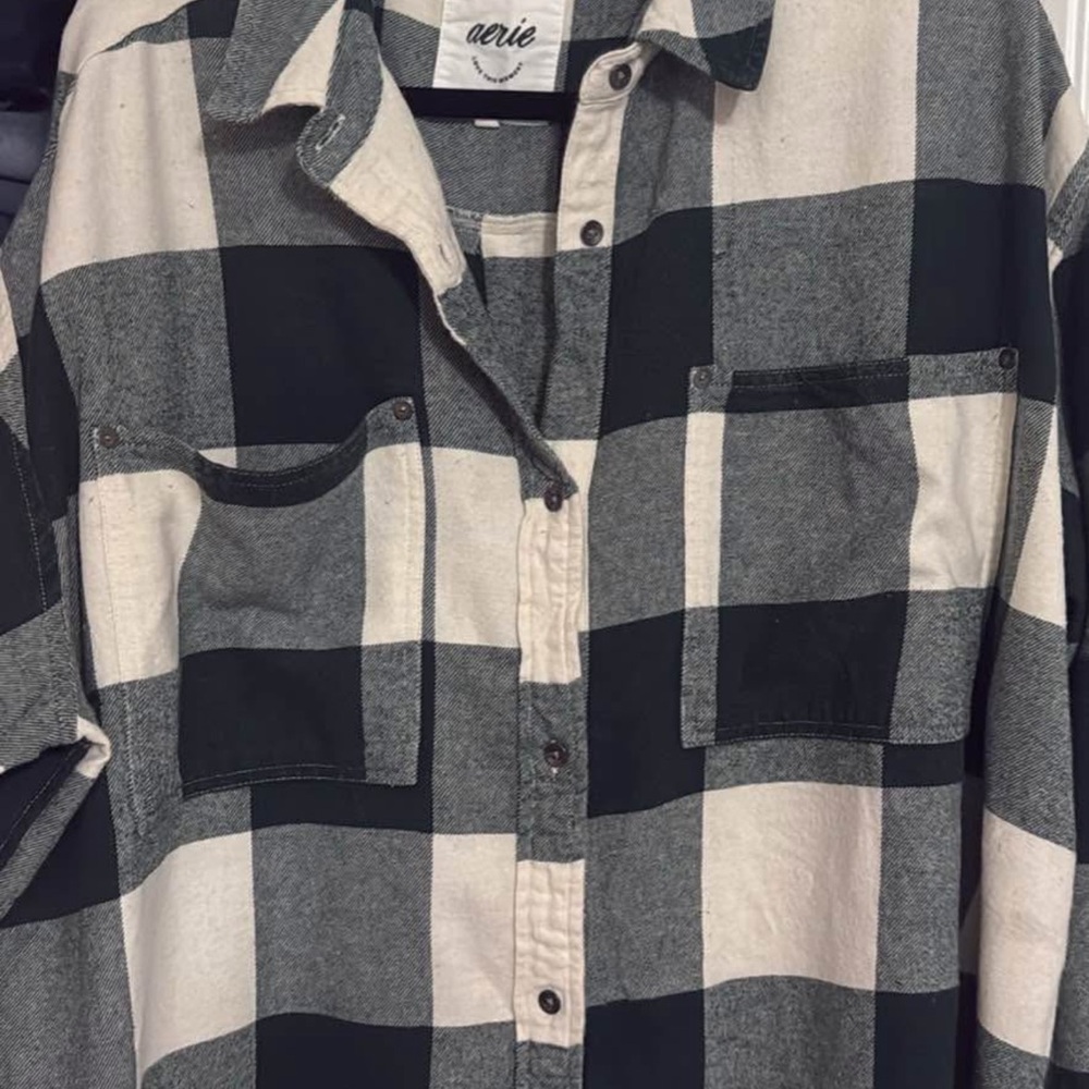 Aerie Men's Black and White Plaid Shirt